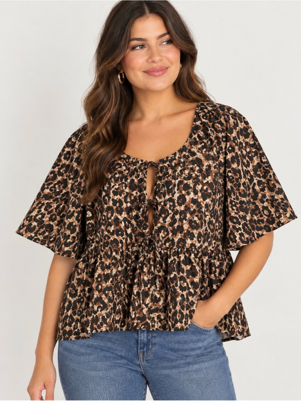 Vero Moda Brown Leopard Tie-Front Peplum Blouse